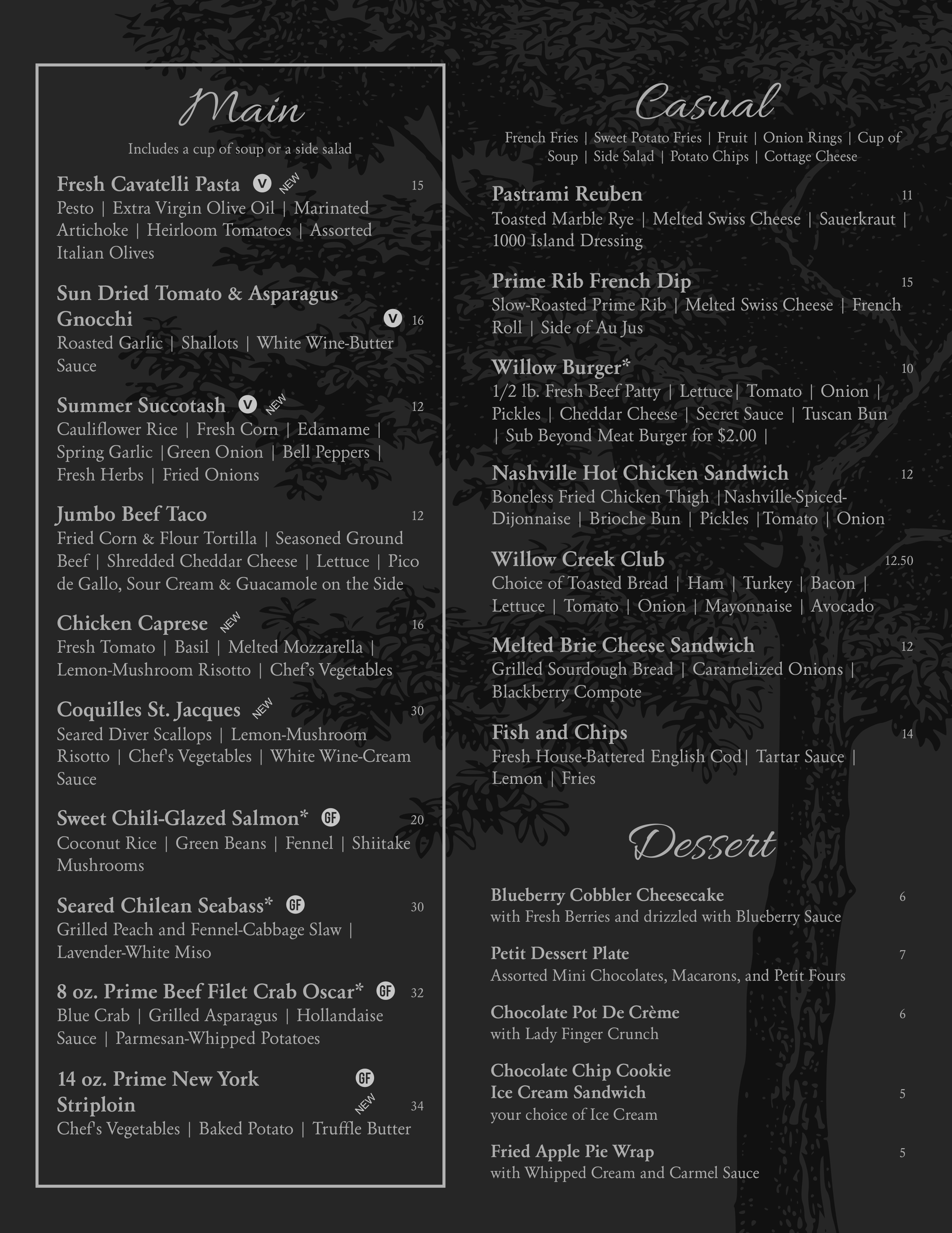 Willow Creek Menu Back
